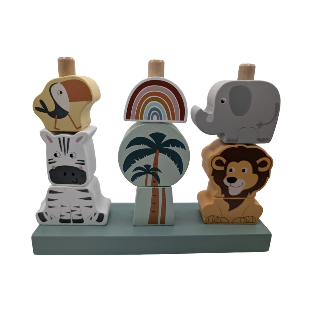 Wooden Stacking Animal Puzzle Montessori Toy Safari Zebra Lion Elephant Neutral